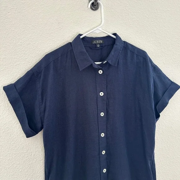 J.Crew Capitane Linen Shirt Dress Navy Blue Short Sleeve Button Front Coastal M - Picture 4 of 8